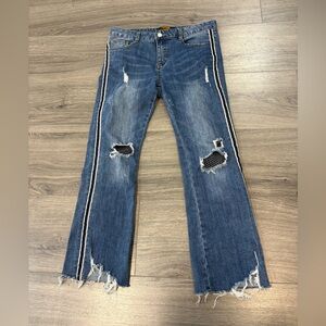 Red Apple Blue Distressed Flare Jeans with Stripes